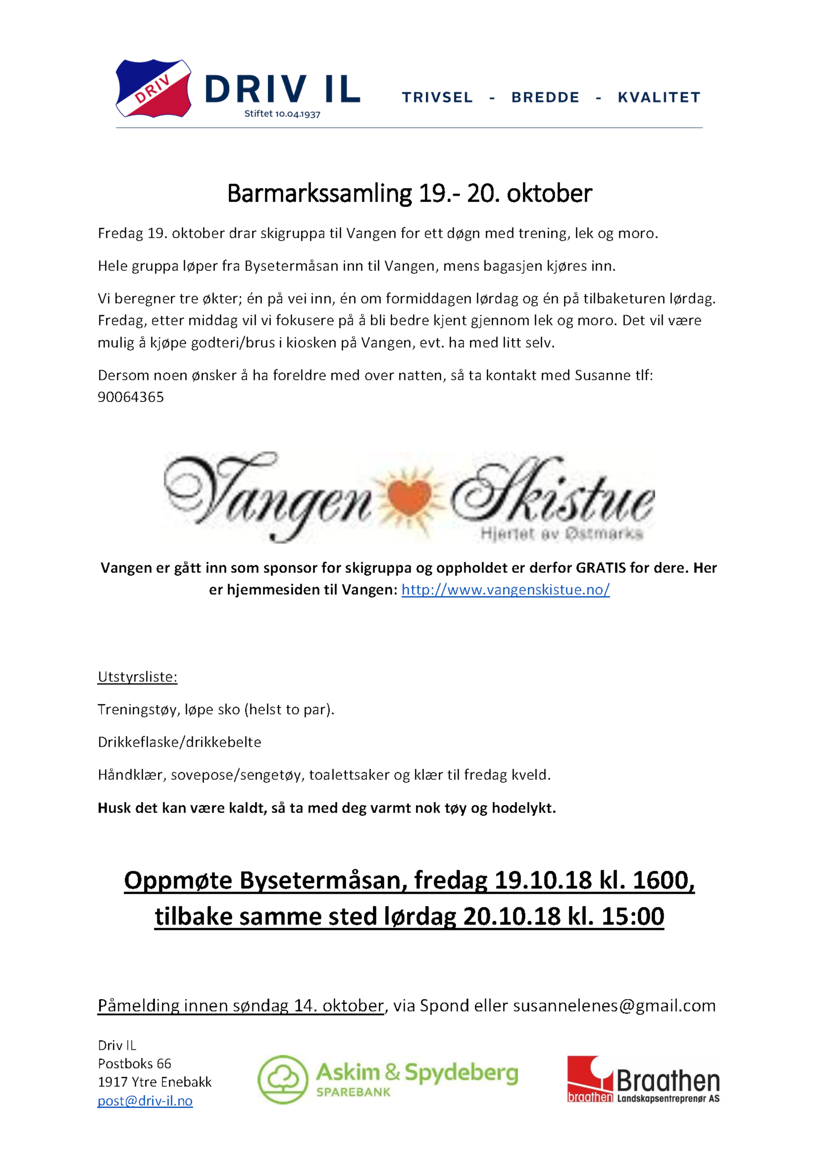 Vangen, barmarksamling 19. - 20. oktober 2018